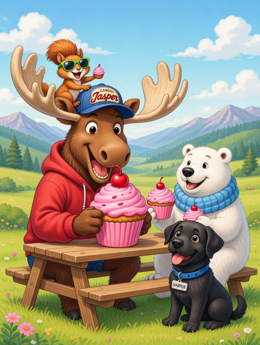 Bruce the moose with a cupcake on his antler — from Gina Frisby's children's book